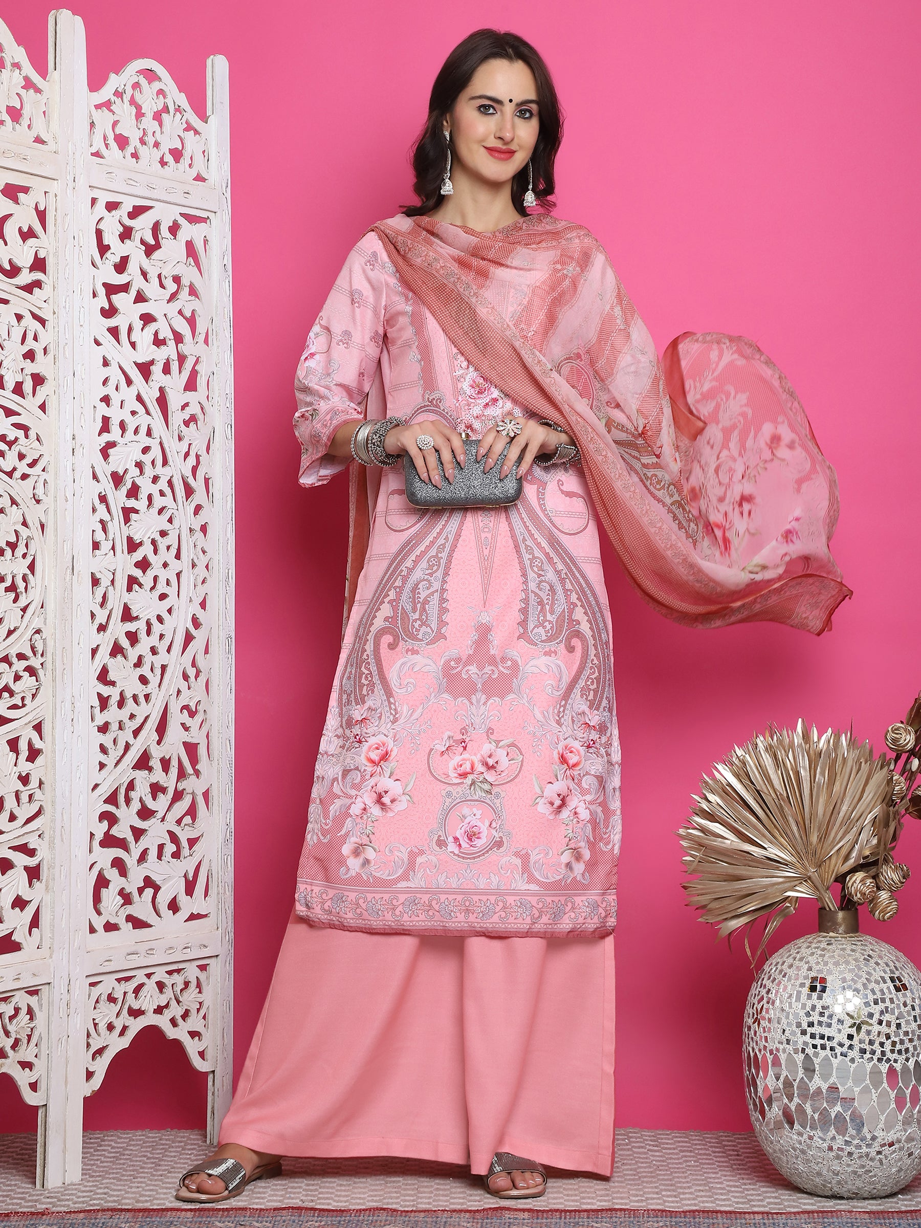 Jyoti Fashion Women's Pink Satin Traditional Digital Print with Crystal work Kurta with Trouser & Dupatta - Distacart