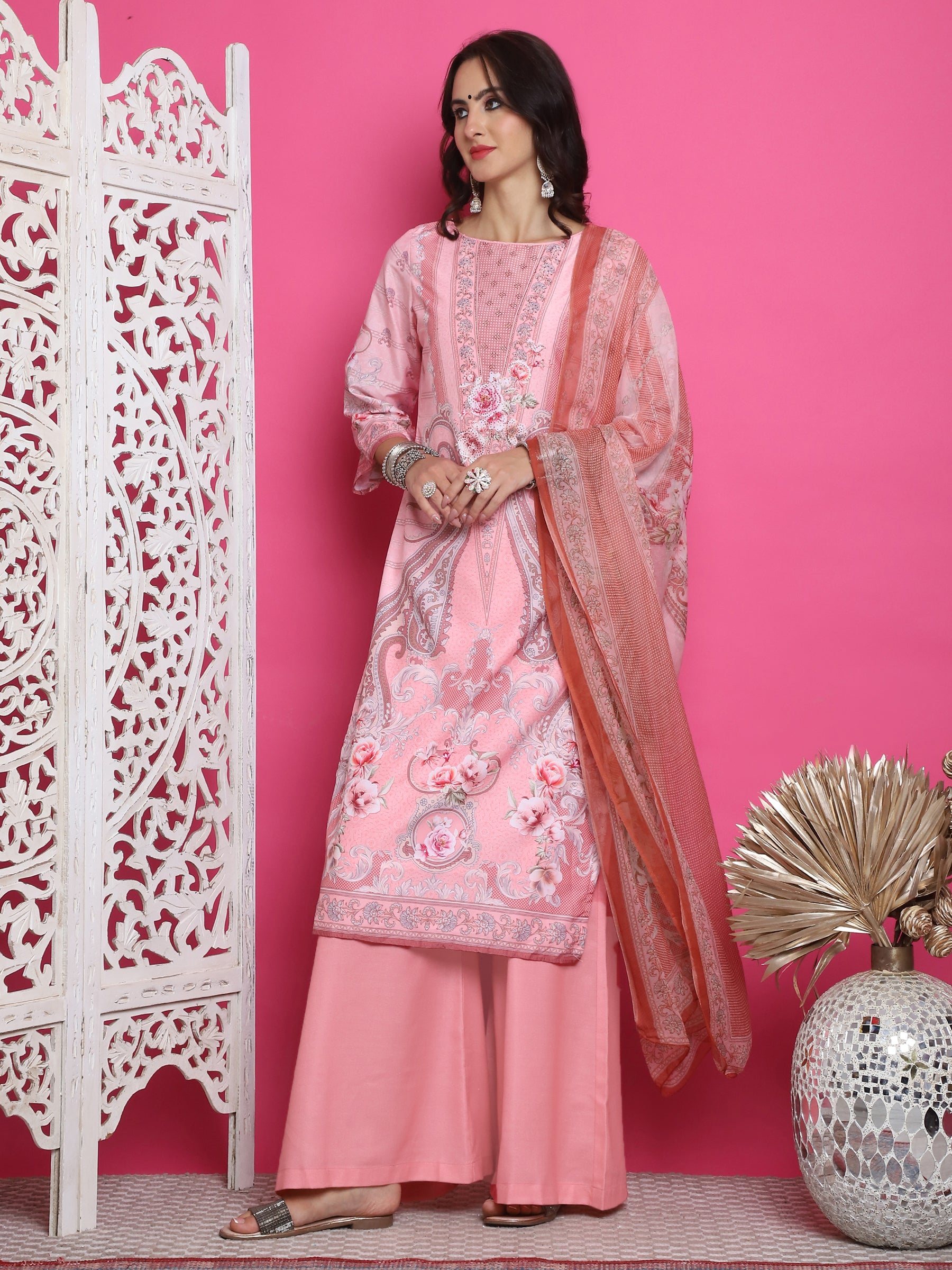 Jyoti Fashion Women's Pink Satin Traditional Digital Print with Crystal work Kurta with Trouser & Dupatta - Distacart