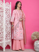 Thumbnail for Jyoti Fashion Women's Pink Satin Traditional Digital Print with Crystal work Kurta with Trouser & Dupatta - Distacart