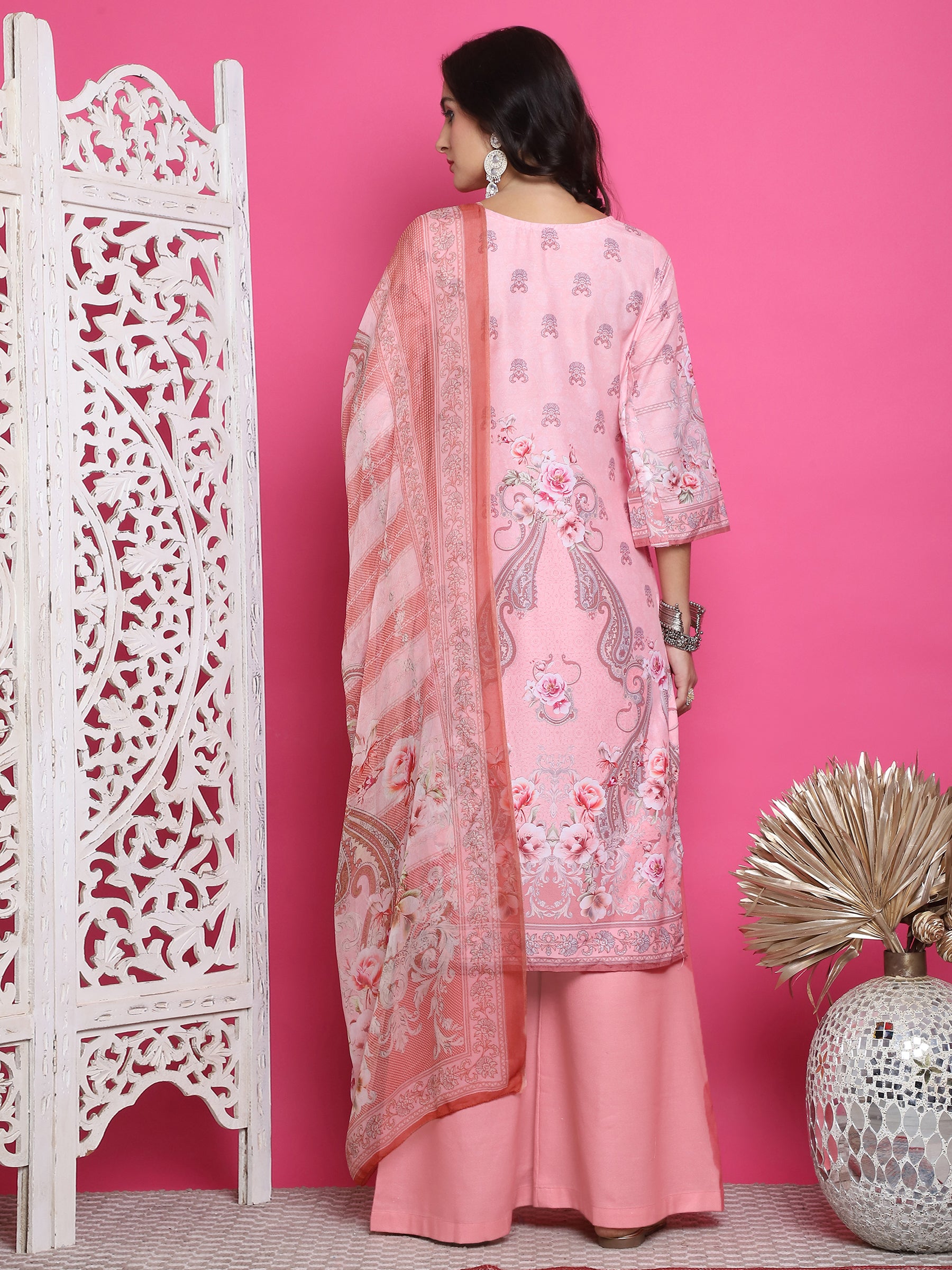 Jyoti Fashion Women's Pink Satin Traditional Digital Print with Crystal work Kurta with Trouser & Dupatta - Distacart