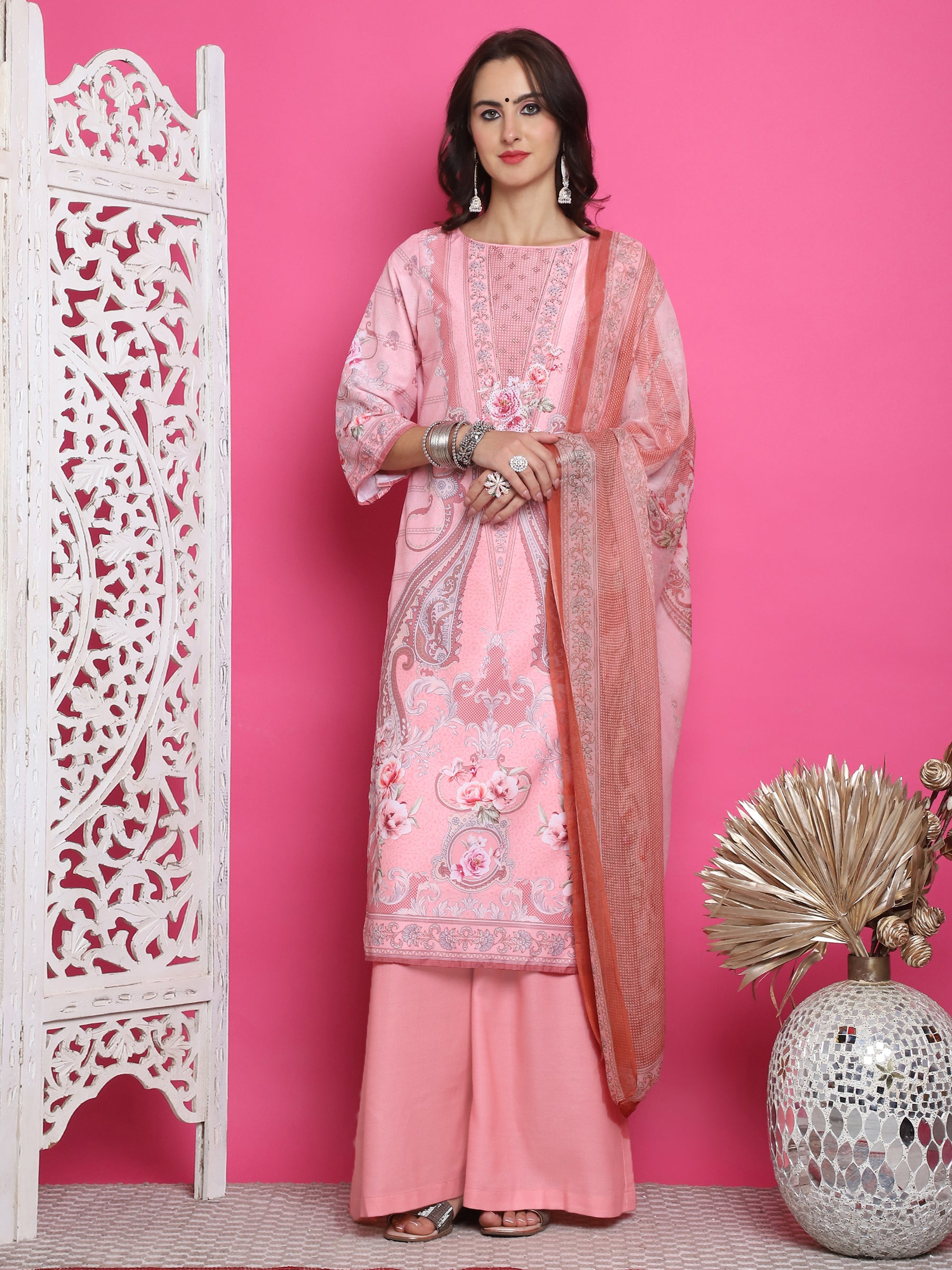 Jyoti Fashion Women's Pink Satin Traditional Digital Print with Crystal work Kurta with Trouser & Dupatta - Distacart