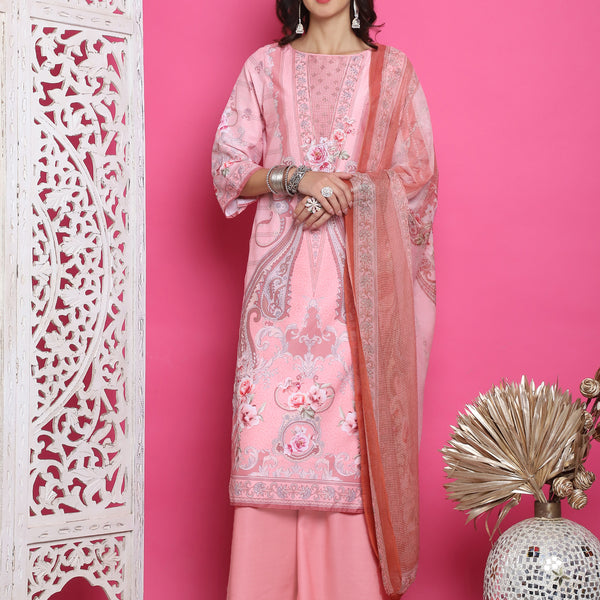 Jyoti Fashion Women's Pink Satin Traditional Digital Print with Crystal work Kurta with Trouser & Dupatta - Distacart