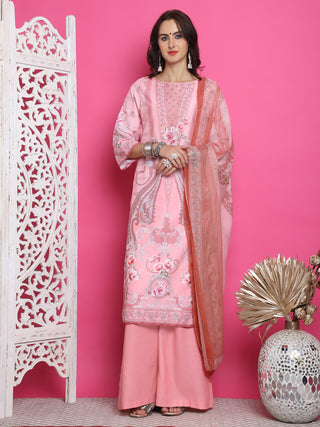 Jyoti Fashion Women's Pink Satin Traditional Digital Print with Crystal work Kurta with Trouser & Dupatta - Distacart