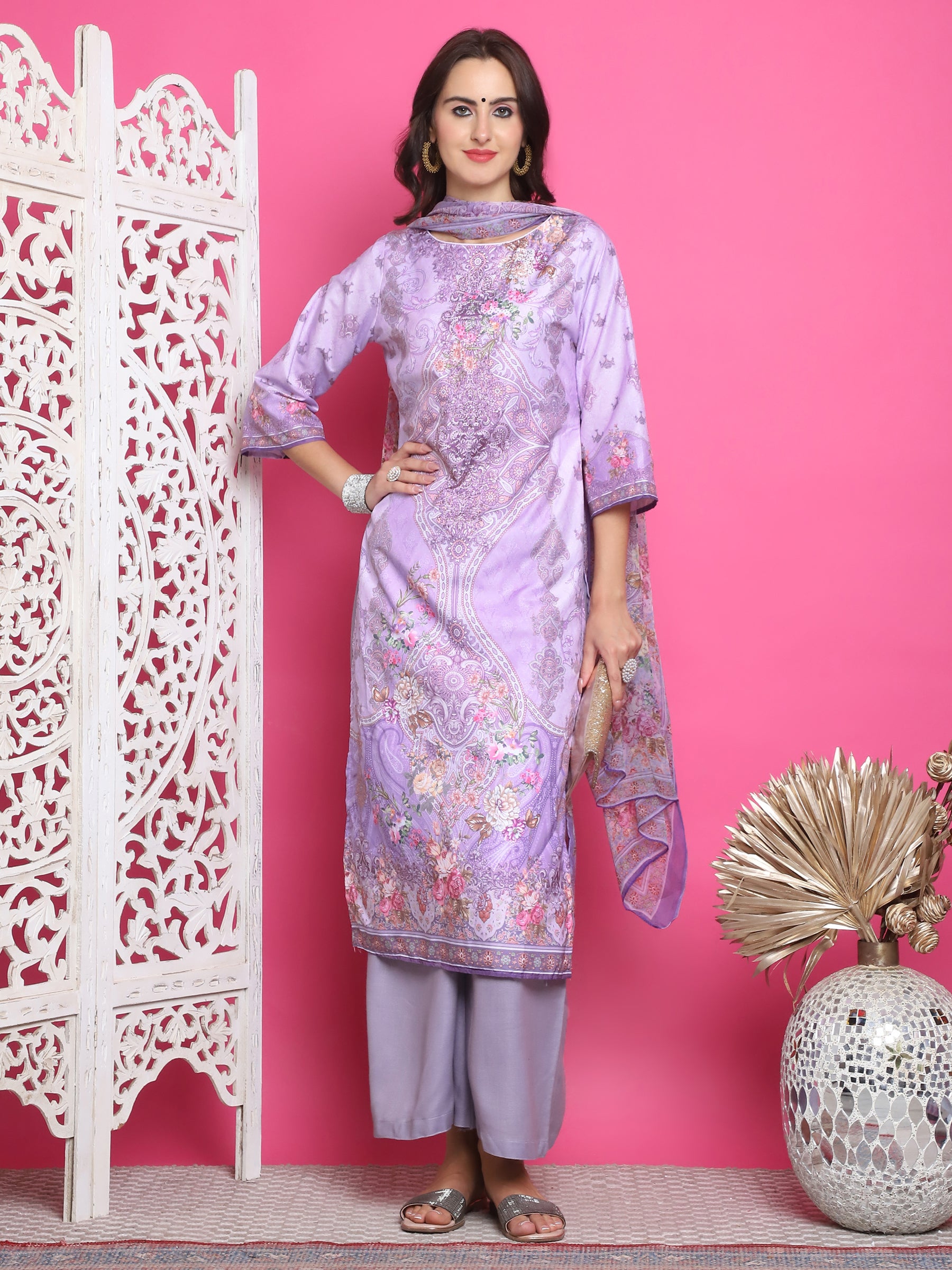 Jyoti Fashion Women's Lavender Satin Traditional Digital Print with Crystal work Kurta with Trouser & Dupatta - Distacart