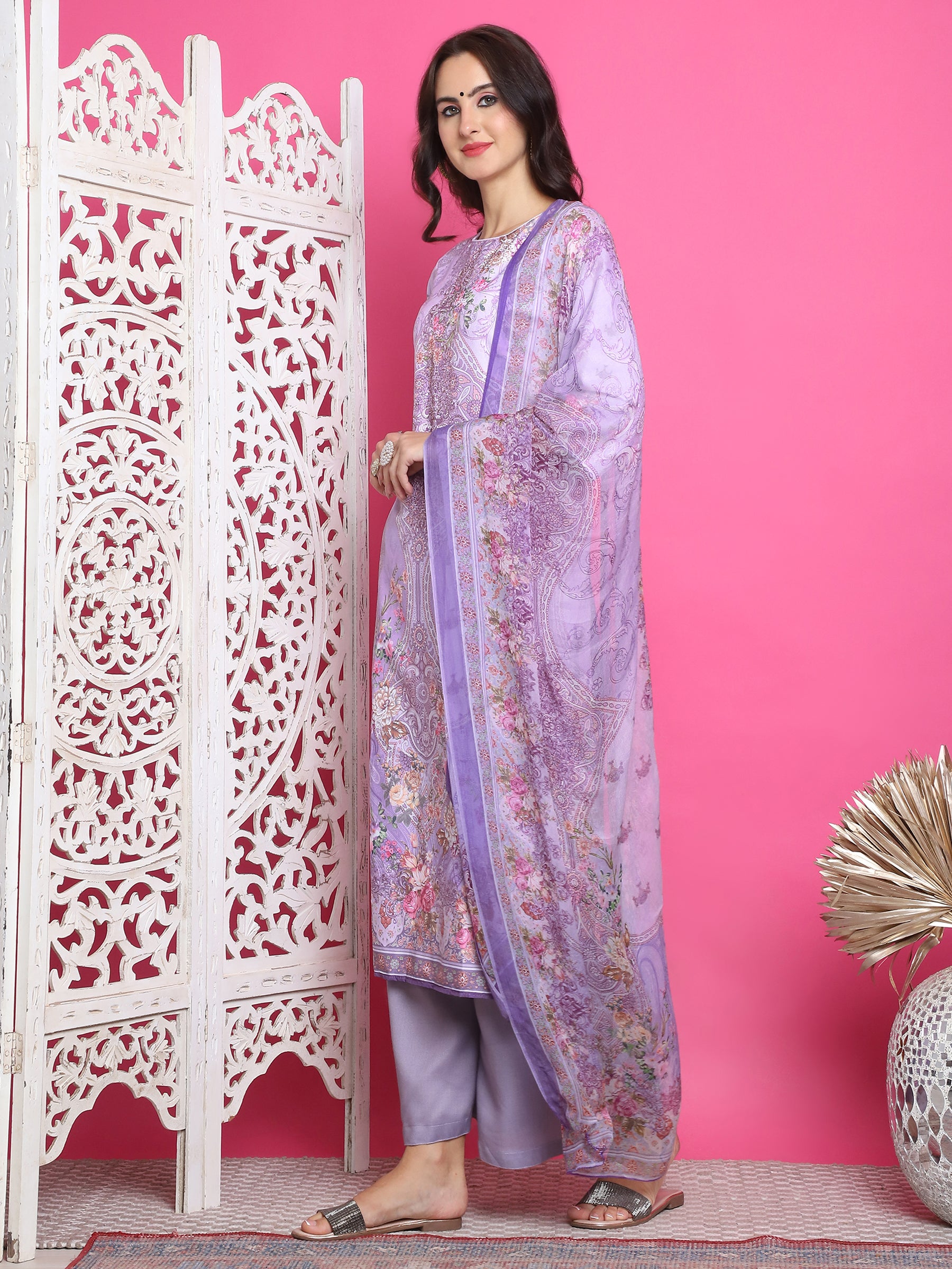 Jyoti Fashion Women's Lavender Satin Traditional Digital Print with Crystal work Kurta with Trouser & Dupatta - Distacart