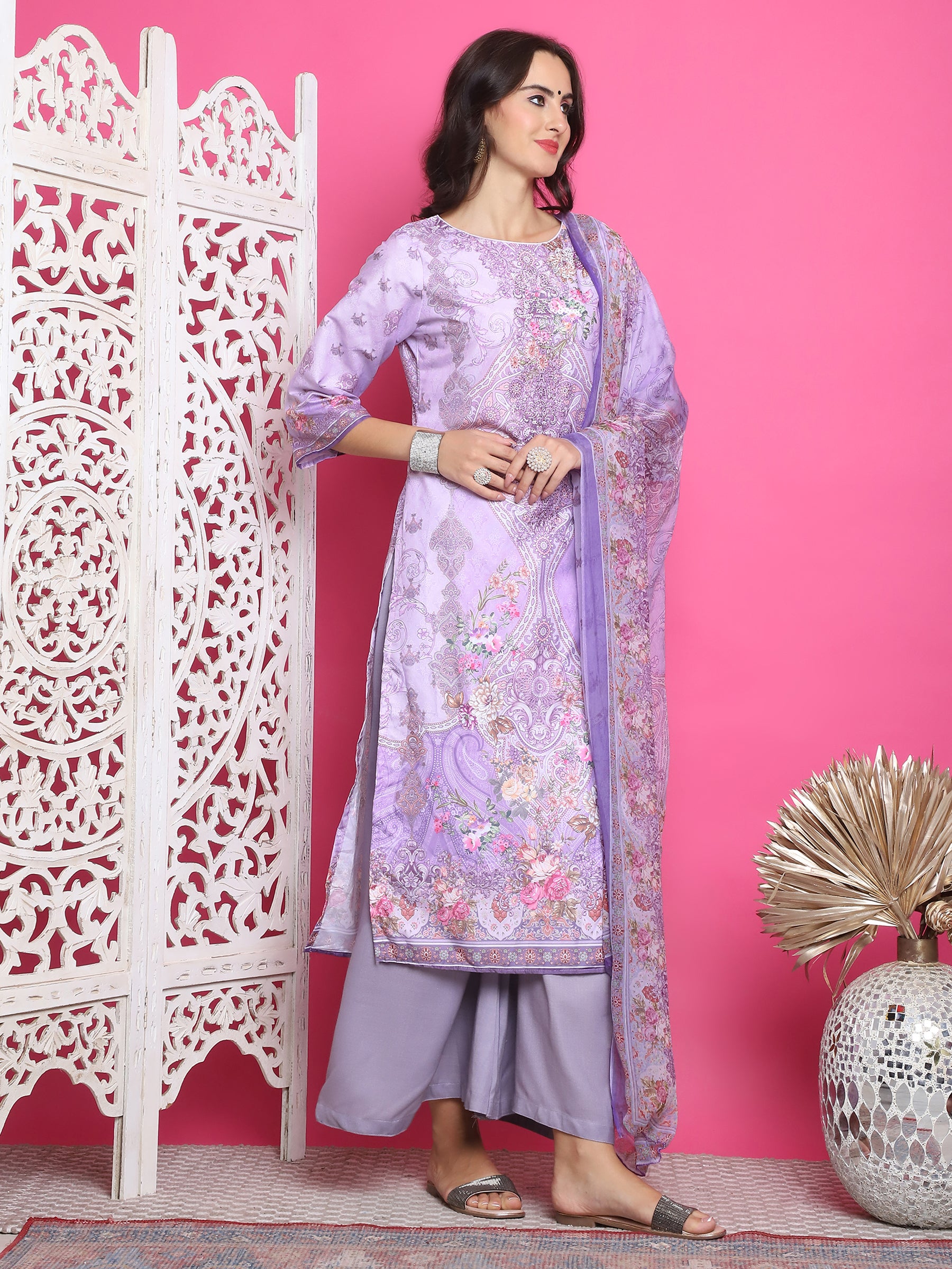 Jyoti Fashion Women's Lavender Satin Traditional Digital Print with Crystal work Kurta with Trouser & Dupatta - Distacart