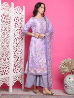 Thumbnail for Jyoti Fashion Women's Lavender Satin Traditional Digital Print with Crystal work Kurta with Trouser & Dupatta - Distacart