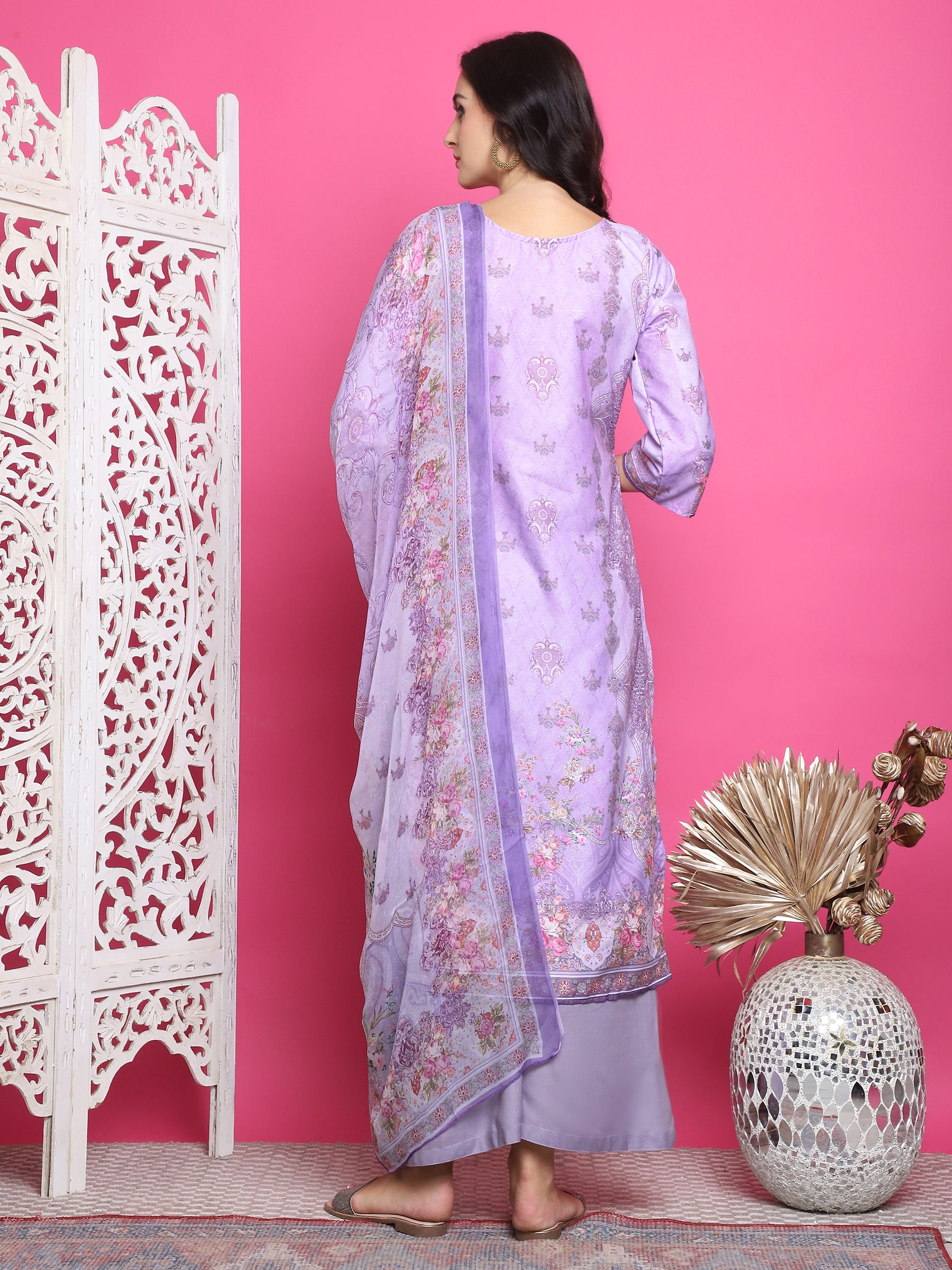 Jyoti Fashion Women's Lavender Satin Traditional Digital Print with Crystal work Kurta with Trouser & Dupatta - Distacart