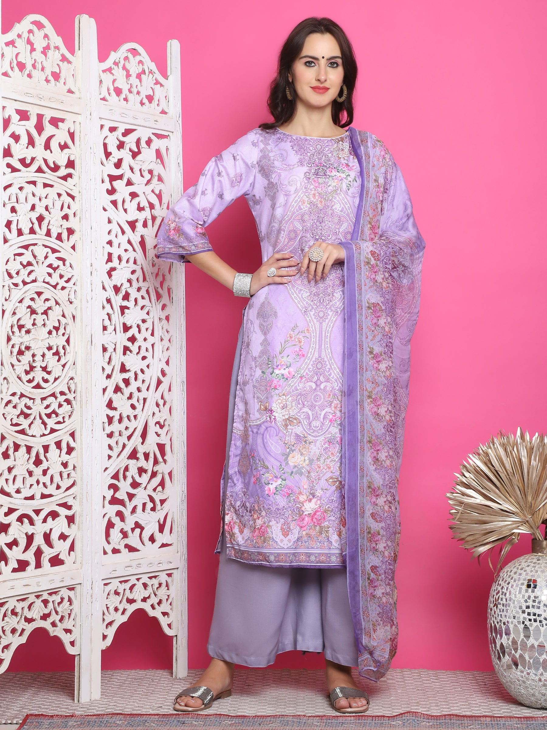 Jyoti Fashion Women's Lavender Satin Traditional Digital Print with Crystal work Kurta with Trouser & Dupatta - Distacart