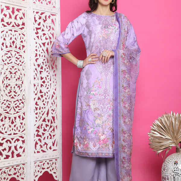 Jyoti Fashion Women's Lavender Satin Traditional Digital Print with Crystal work Kurta with Trouser & Dupatta - Distacart