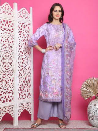 Jyoti Fashion Women's Lavender Satin Traditional Digital Print with Crystal work Kurta with Trouser & Dupatta - Distacart