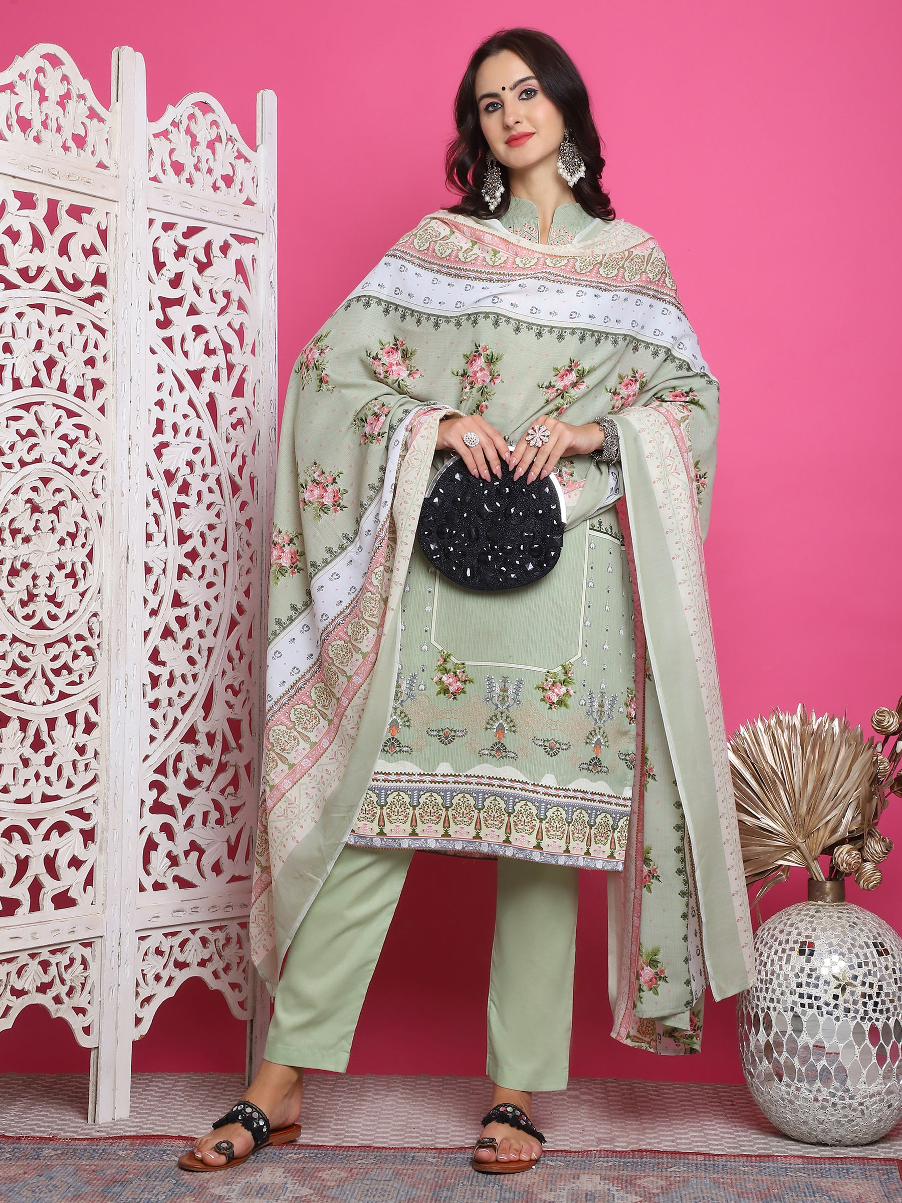 Jyoti Fashion Women's Green Cotton Floral Digital Print with Resham Thread Work Kurta with Trouser & Dupatta - Distacart