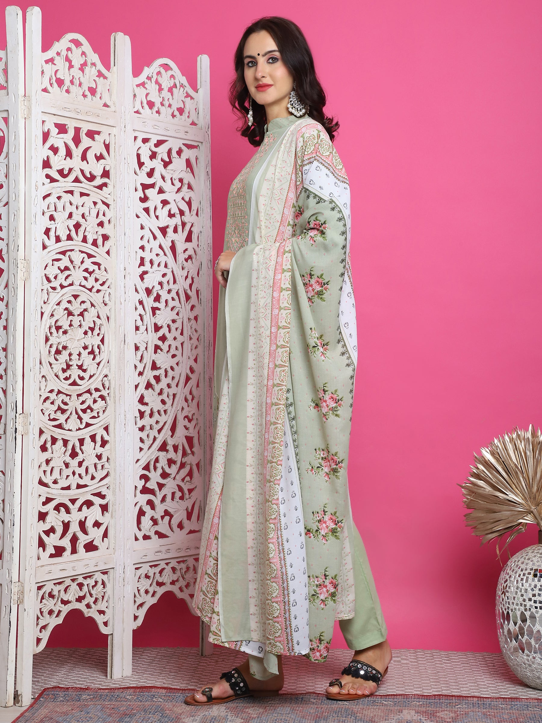 Jyoti Fashion Women's Green Cotton Floral Digital Print with Resham Thread Work Kurta with Trouser & Dupatta - Distacart