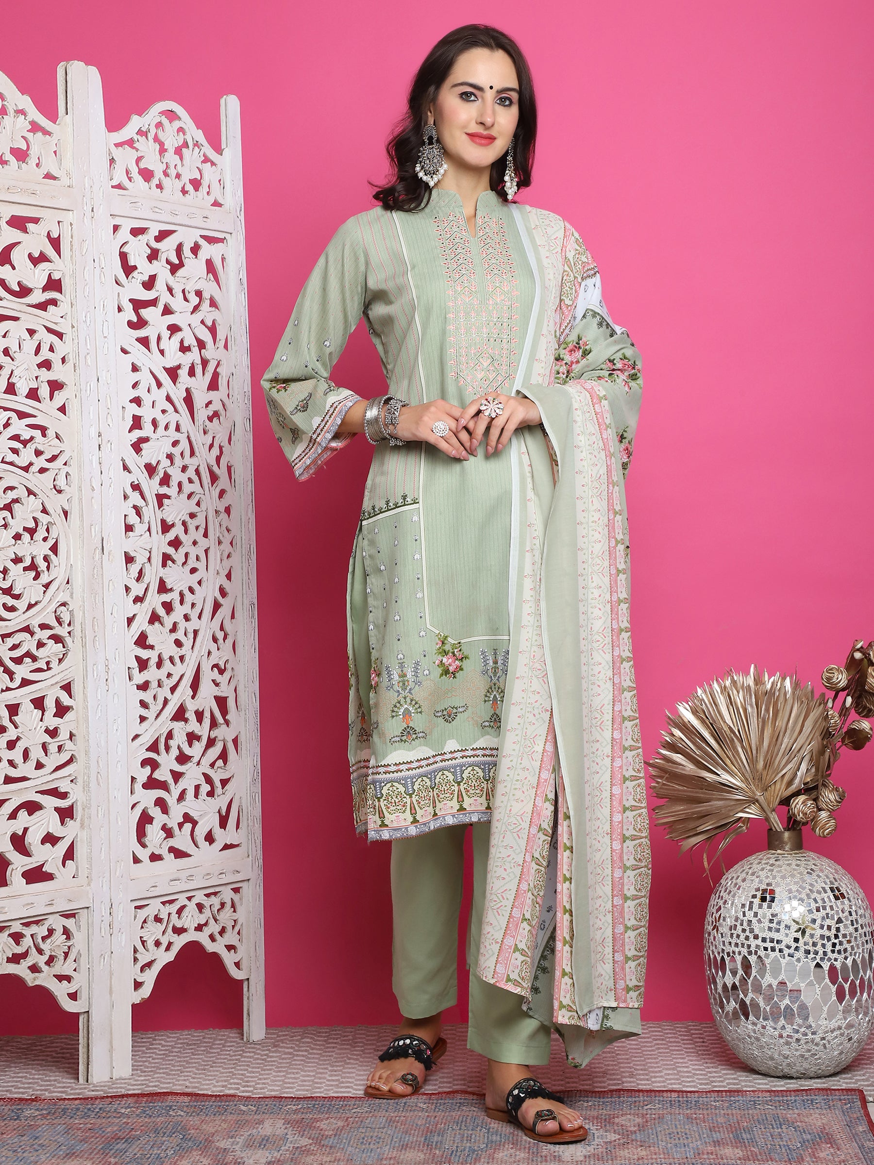 Jyoti Fashion Women's Green Cotton Floral Digital Print with Resham Thread Work Kurta with Trouser & Dupatta - Distacart