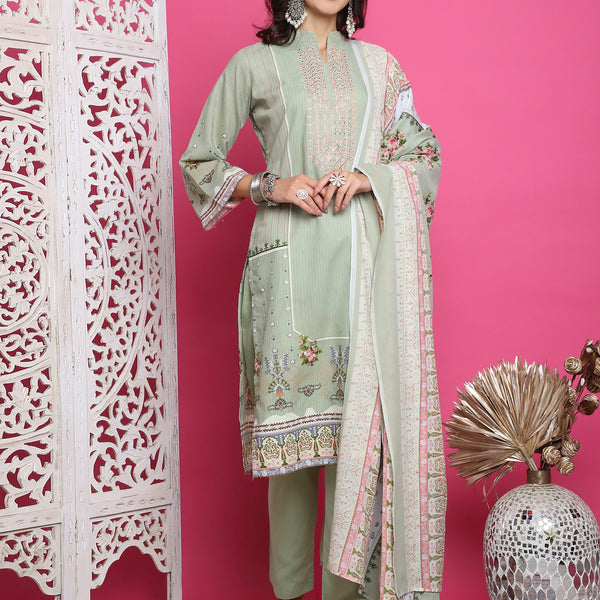 Jyoti Fashion Women's Green Cotton Floral Digital Print with Resham Thread Work Kurta with Trouser & Dupatta - Distacart