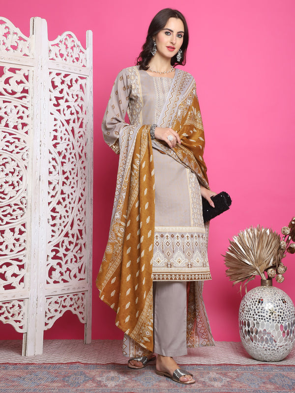 Jyoti Fashion Women's Grey Cotton Floral Digital Print with Resham Thread Work Kurta with Trouser & Dupatta - Distacart