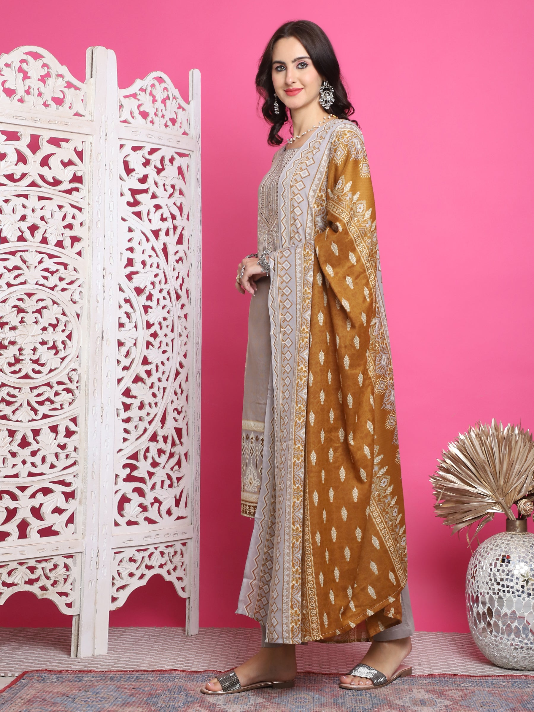 Jyoti Fashion Women's Grey Cotton Floral Digital Print with Resham Thread Work Kurta with Trouser & Dupatta - Distacart