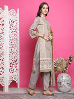 Thumbnail for Jyoti Fashion Women's Grey Cotton Floral Digital Print with Resham Thread Work Kurta with Trouser & Dupatta - Distacart