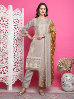 Thumbnail for Jyoti Fashion Women's Grey Cotton Floral Digital Print with Resham Thread Work Kurta with Trouser & Dupatta - Distacart
