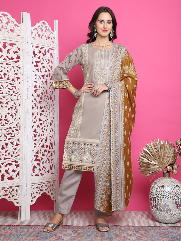 Jyoti Fashion Women's Grey Cotton Floral Digital Print with Resham Thread Work Kurta with Trouser & Dupatta - Distacart