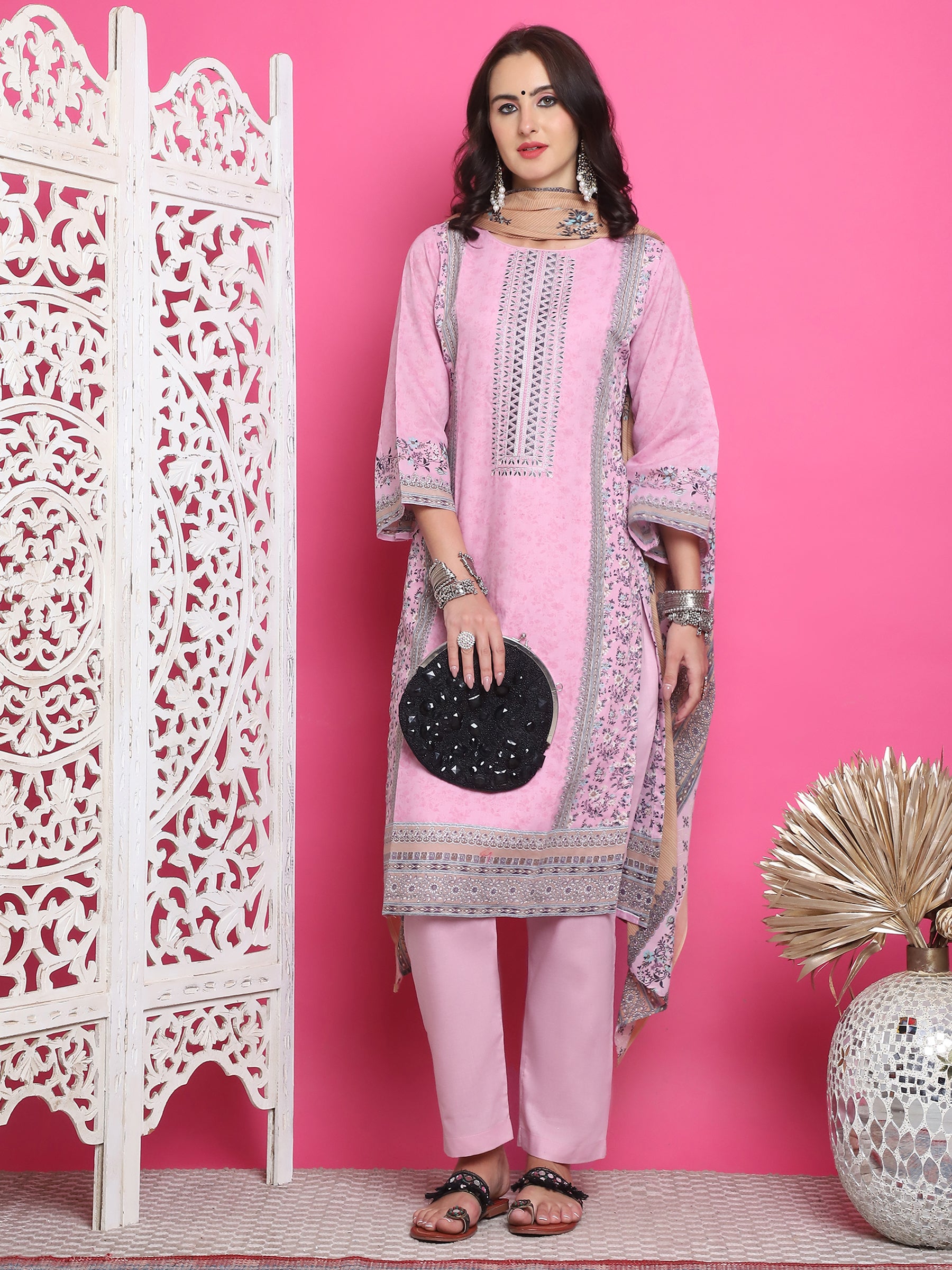 Jyoti Fashion Women's Pink Cotton Floral Digital Print with Resham Thread Work Kurta with Trouser & Dupatta - Distacart