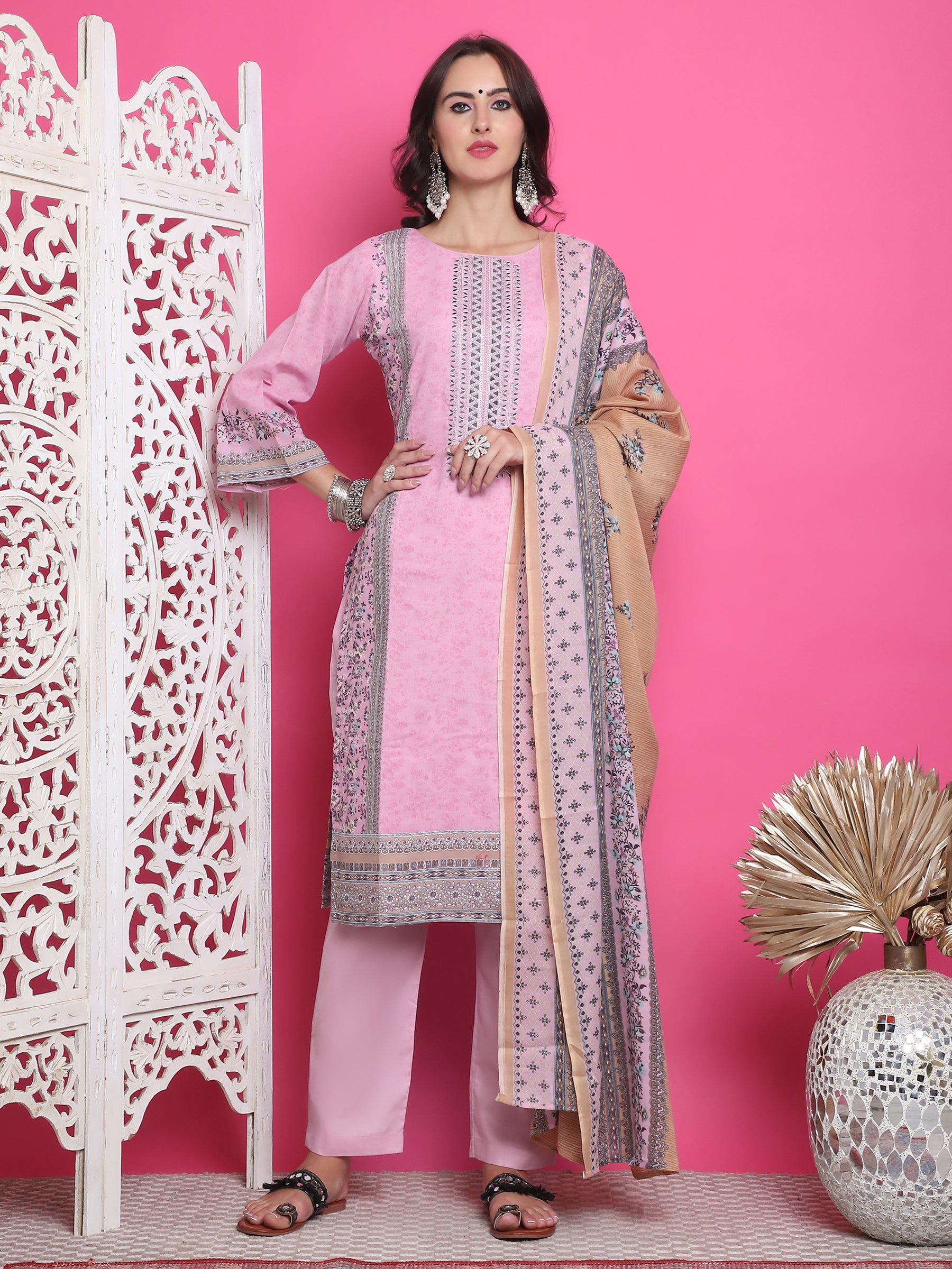 Jyoti Fashion Women's Pink Cotton Floral Digital Print with Resham Thread Work Kurta with Trouser & Dupatta - Distacart