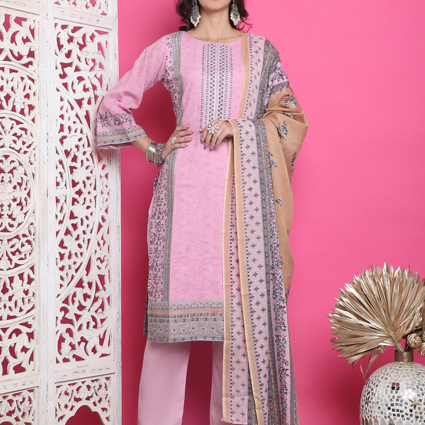 Jyoti Fashion Women's Pink Cotton Floral Digital Print with Resham Thread Work Kurta with Trouser & Dupatta - Distacart