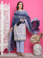 Thumbnail for Jyoti Fashion Women's Sky Blue Cotton Floral Digital Print with Resham Thread Work Kurta with Trouser & Dupatta - Distacart