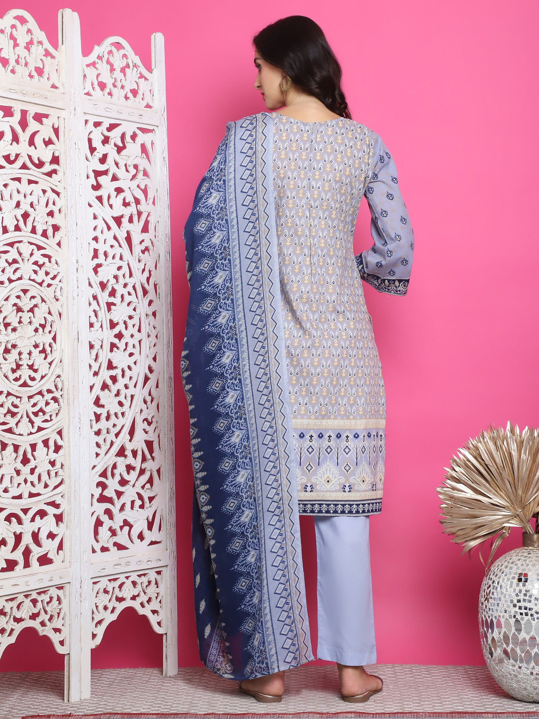 Jyoti Fashion Women's Sky Blue Cotton Floral Digital Print with Resham Thread Work Kurta with Trouser & Dupatta - Distacart