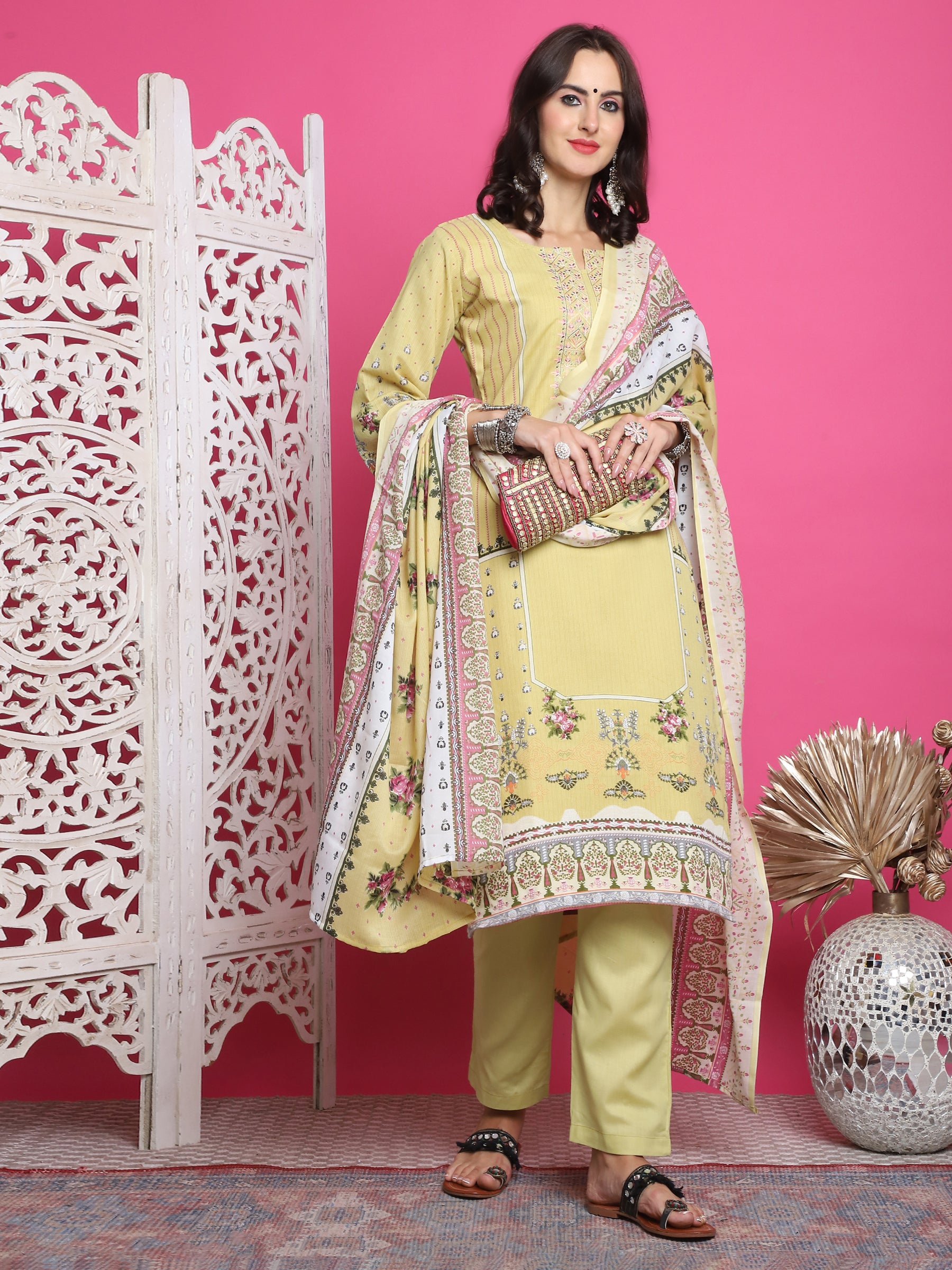 Jyoti Fashion Women's Lemon Yellow Cotton Floral Digital Print with Resham Thread Work Kurta with Trouser & Dupatta - Distacart