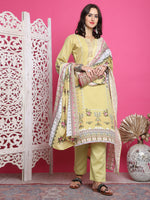 Thumbnail for Jyoti Fashion Women's Lemon Yellow Cotton Floral Digital Print with Resham Thread Work Kurta with Trouser & Dupatta - Distacart