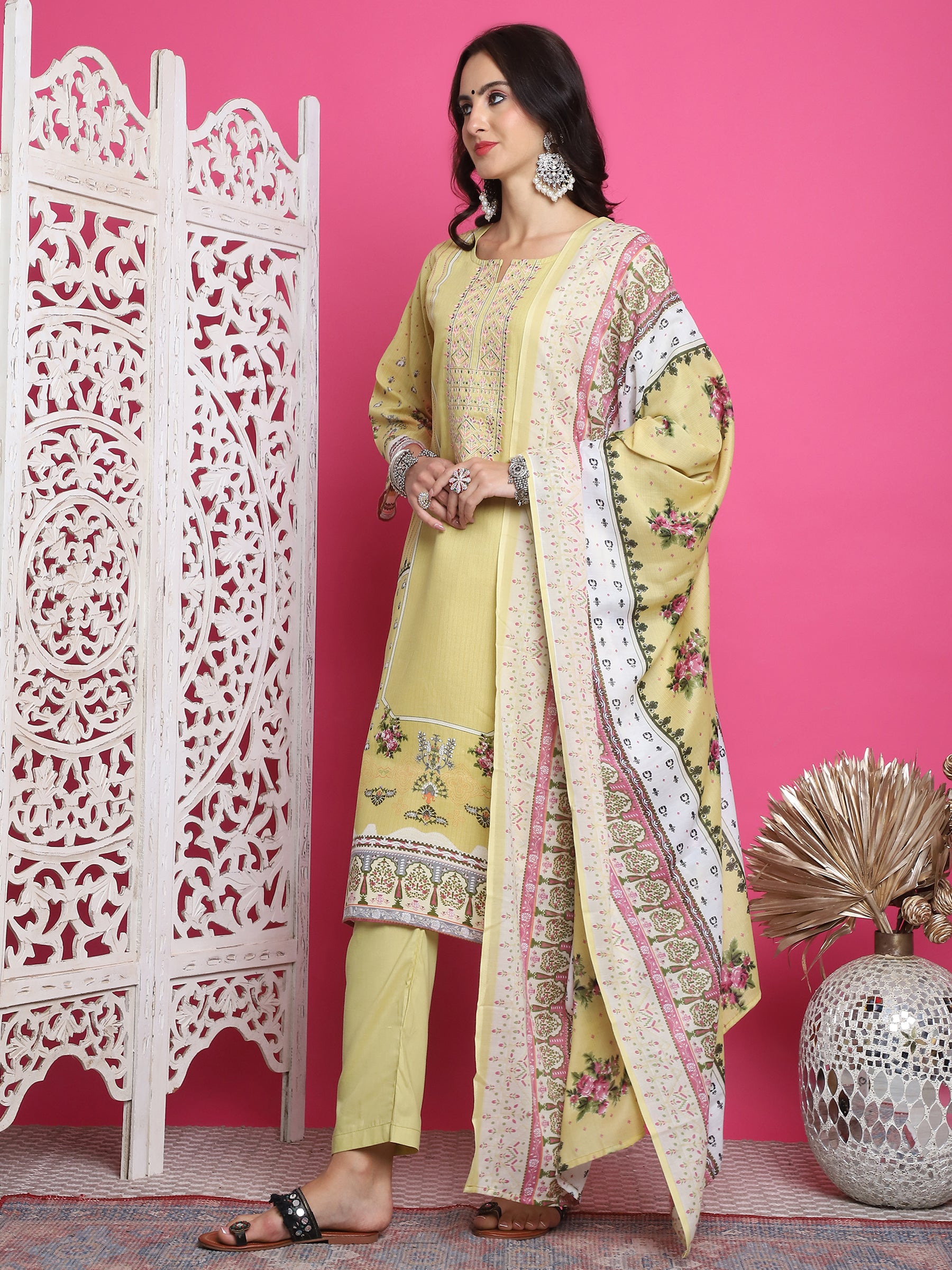Jyoti Fashion Women's Lemon Yellow Cotton Floral Digital Print with Resham Thread Work Kurta with Trouser & Dupatta - Distacart