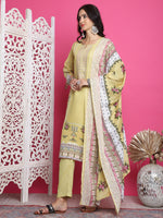 Thumbnail for Jyoti Fashion Women's Lemon Yellow Cotton Floral Digital Print with Resham Thread Work Kurta with Trouser & Dupatta - Distacart