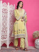 Thumbnail for Jyoti Fashion Women's Lemon Yellow Cotton Floral Digital Print with Resham Thread Work Kurta with Trouser & Dupatta - Distacart