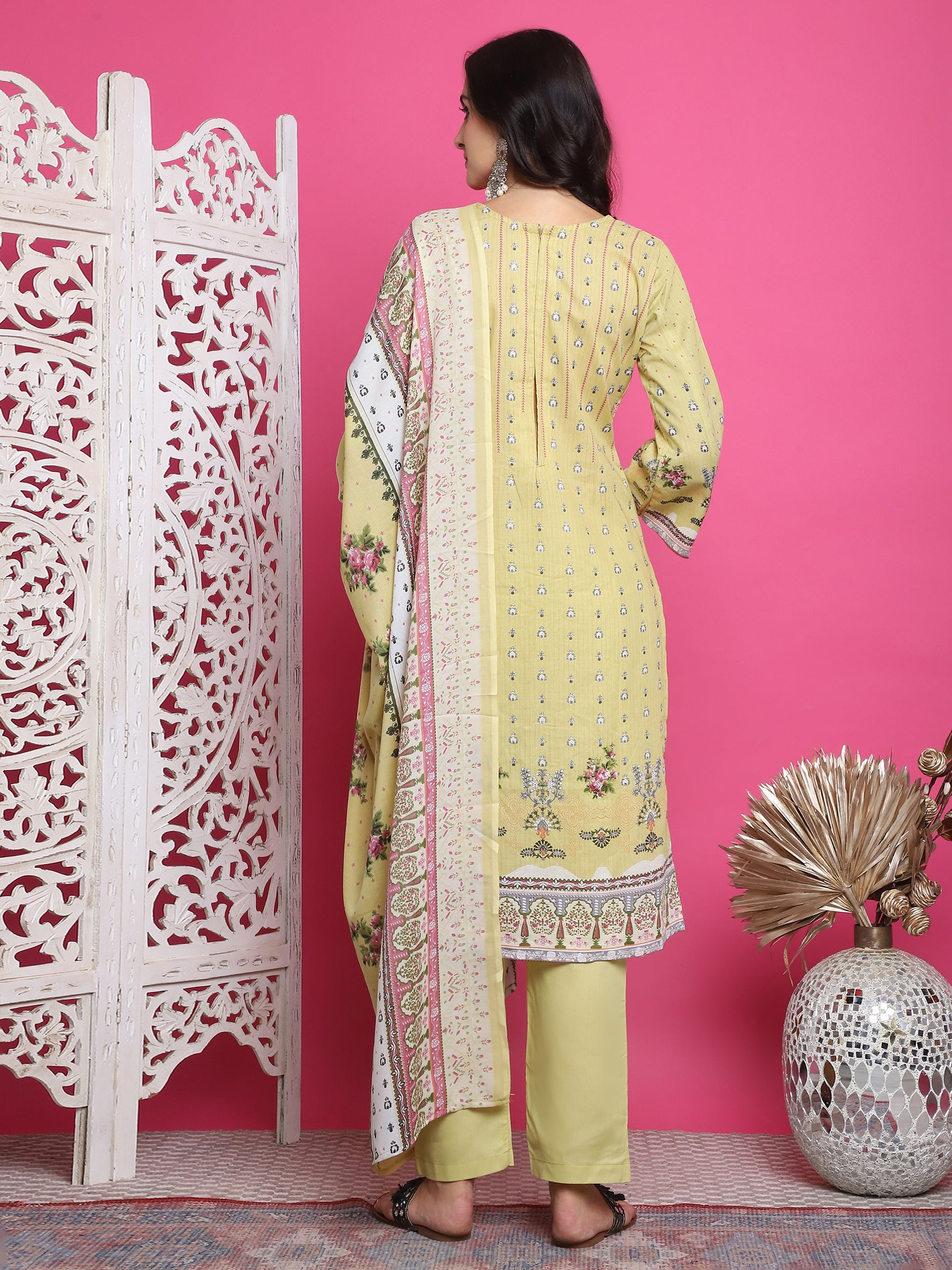 Jyoti Fashion Women's Lemon Yellow Cotton Floral Digital Print with Resham Thread Work Kurta with Trouser & Dupatta - Distacart