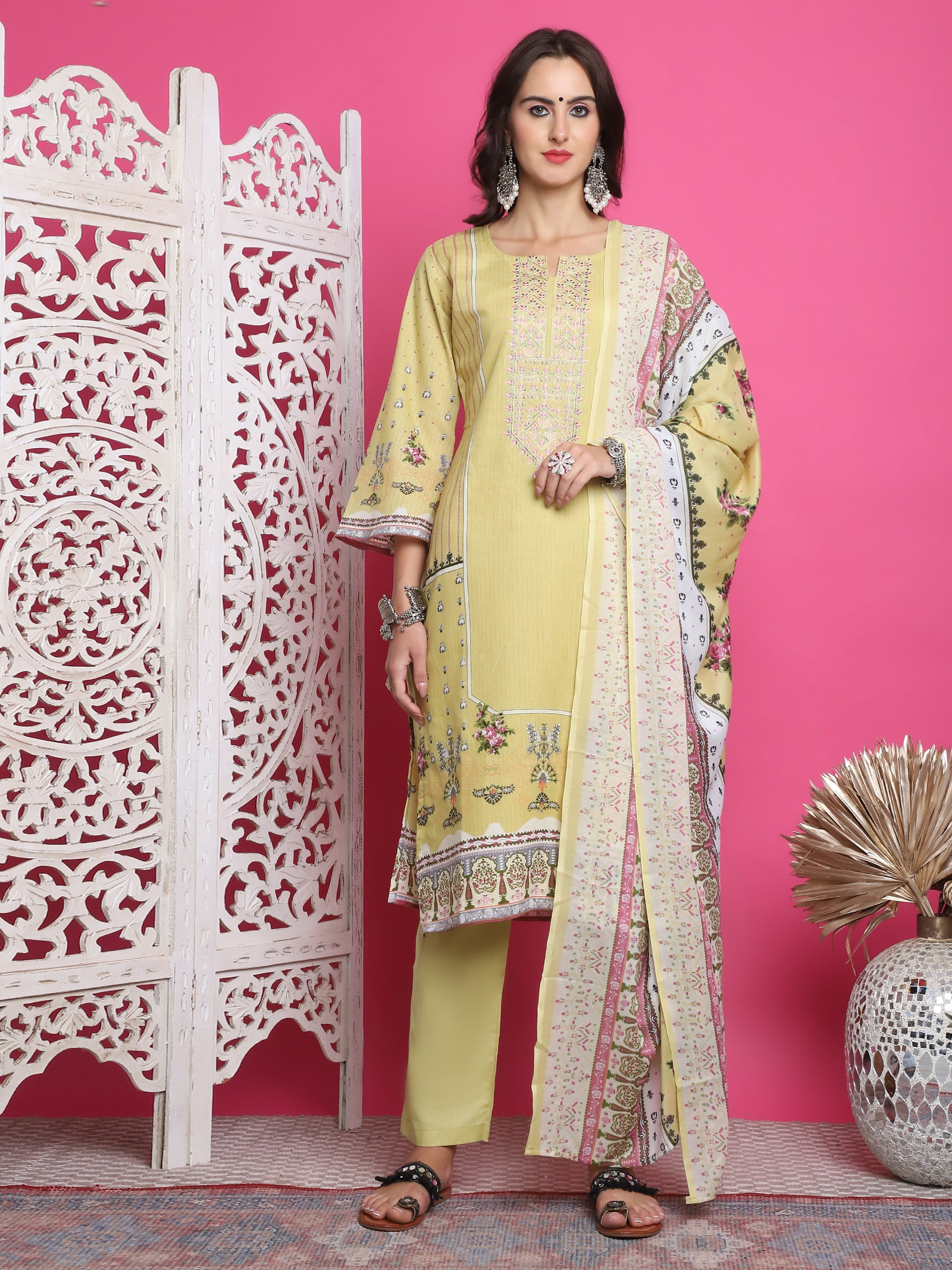 Jyoti Fashion Women's Lemon Yellow Cotton Floral Digital Print with Resham Thread Work Kurta with Trouser & Dupatta - Distacart