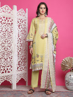 Thumbnail for Jyoti Fashion Women's Lemon Yellow Cotton Floral Digital Print with Resham Thread Work Kurta with Trouser & Dupatta - Distacart