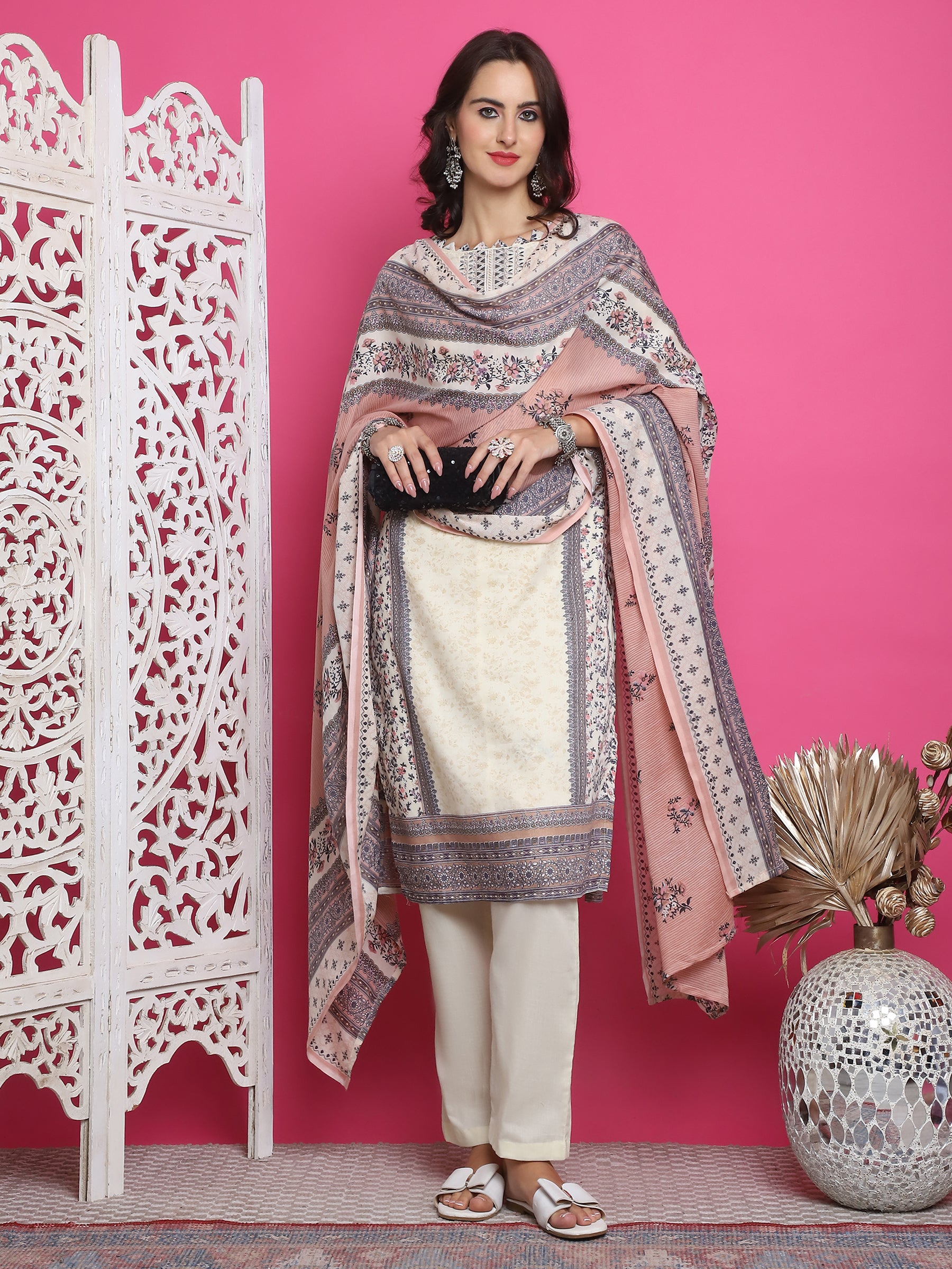 Jyoti Fashion Women's Cream Cotton Floral Digital Print with Resham Thread Work Kurta with Trouser & Dupatta - Distacart