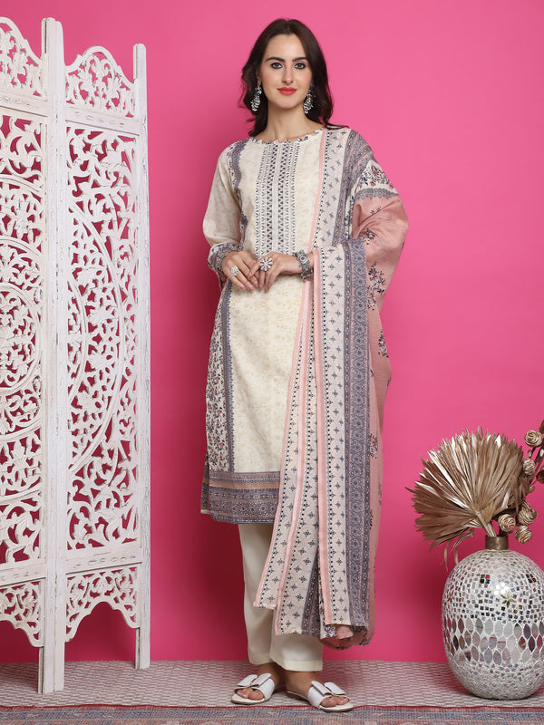 Jyoti Fashion Women's Cream Cotton Floral Digital Print with Resham Thread Work Kurta with Trouser & Dupatta - Distacart