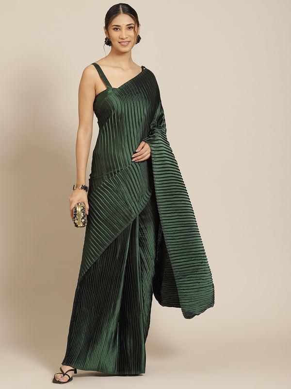 Jyoti Fashion Women's Green Satin Platted Work Designer Saree with Blouse - Distacart