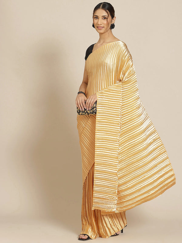 Jyoti Fashion Women's Gold Satin Platted Work Designer Saree with Blouse - Distacart