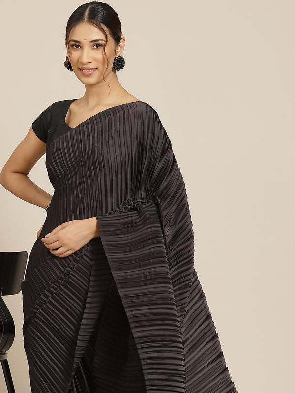 Jyoti Fashion Women's Black Satin Platted Work Designer Saree with Blouse - Distacart