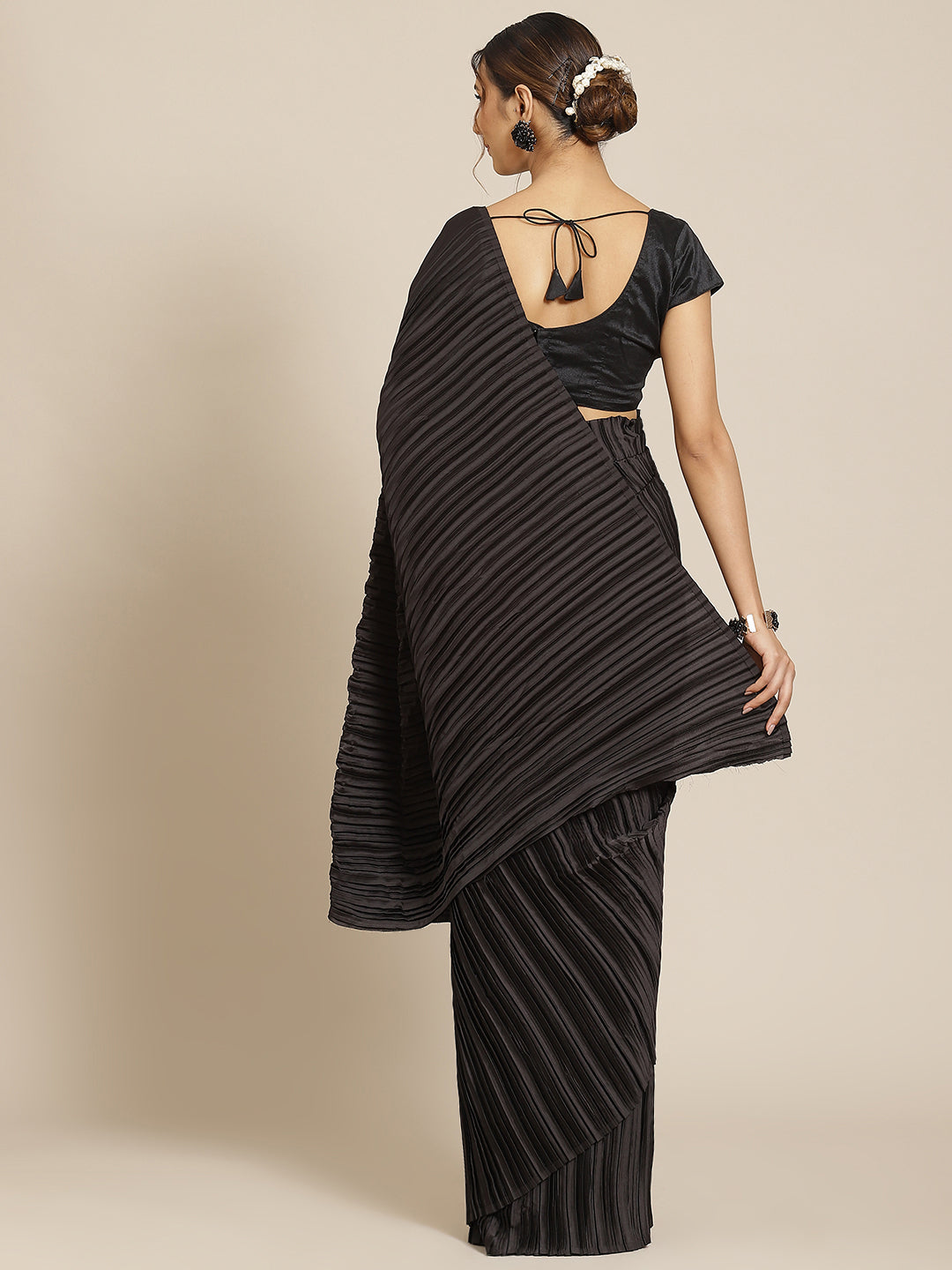 Jyoti Fashion Women's Black Satin Platted Work Designer Saree with Blouse - Distacart