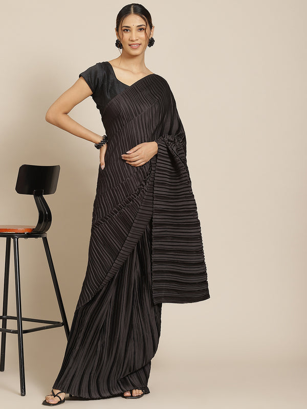 Jyoti Fashion Women's Black Satin Platted Work Designer Saree with Blouse - Distacart