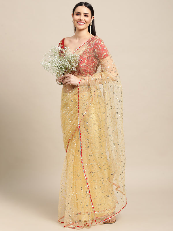 Jyoti Fashion Women's White Net Embroidered Designer Saree with Blouse - Distacart