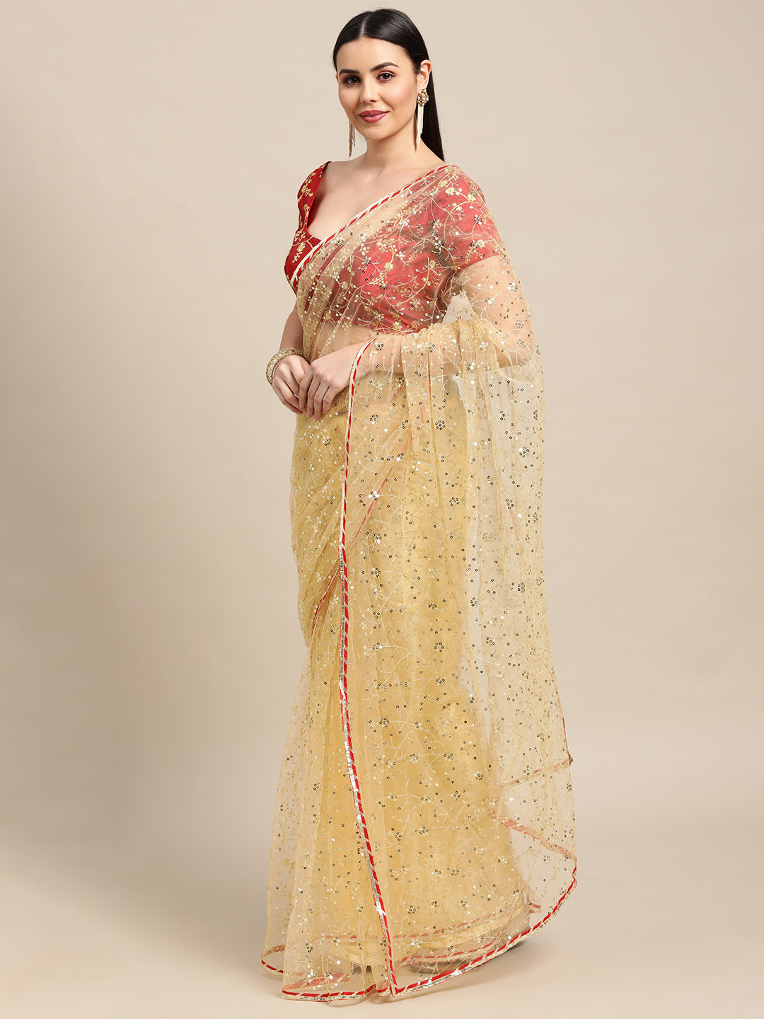 Jyoti Fashion Women's White Net Embroidered Designer Saree with Blouse - Distacart
