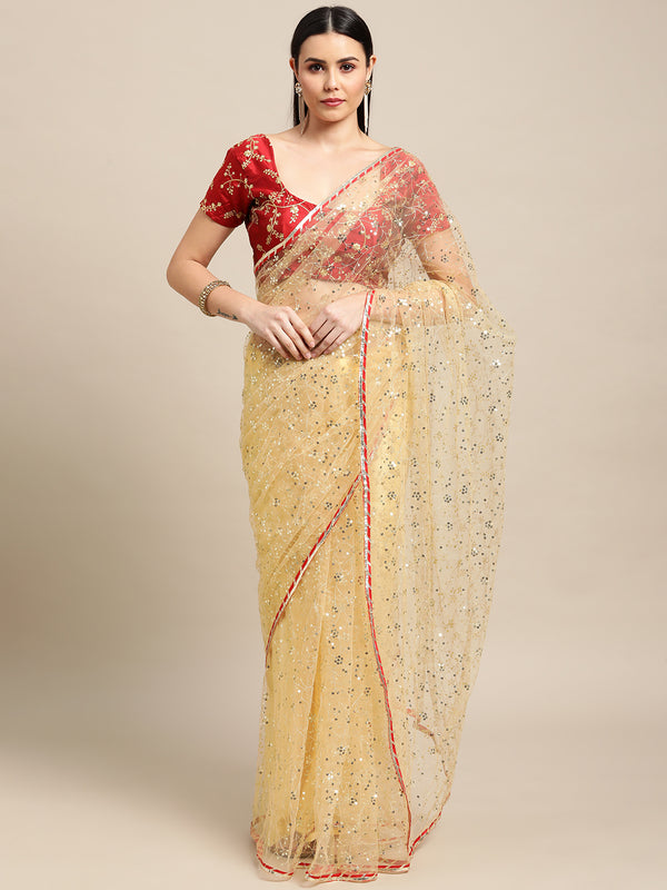 Jyoti Fashion Women's White Net Embroidered Designer Saree with Blouse - Distacart