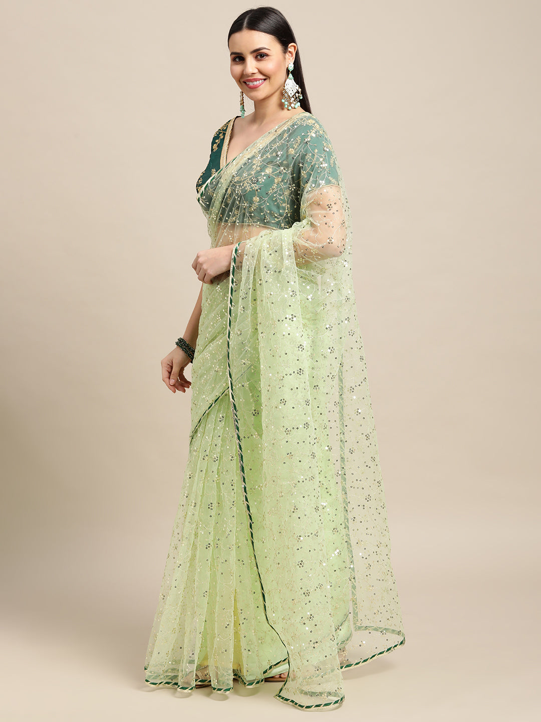 Jyoti Fashion Women's Green Net Embroidered Designer Saree with Blouse - Distacart