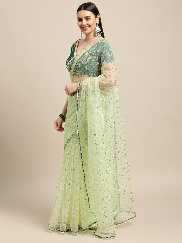 Jyoti Fashion Women's Green Net Embroidered Designer Saree with Blouse - Distacart