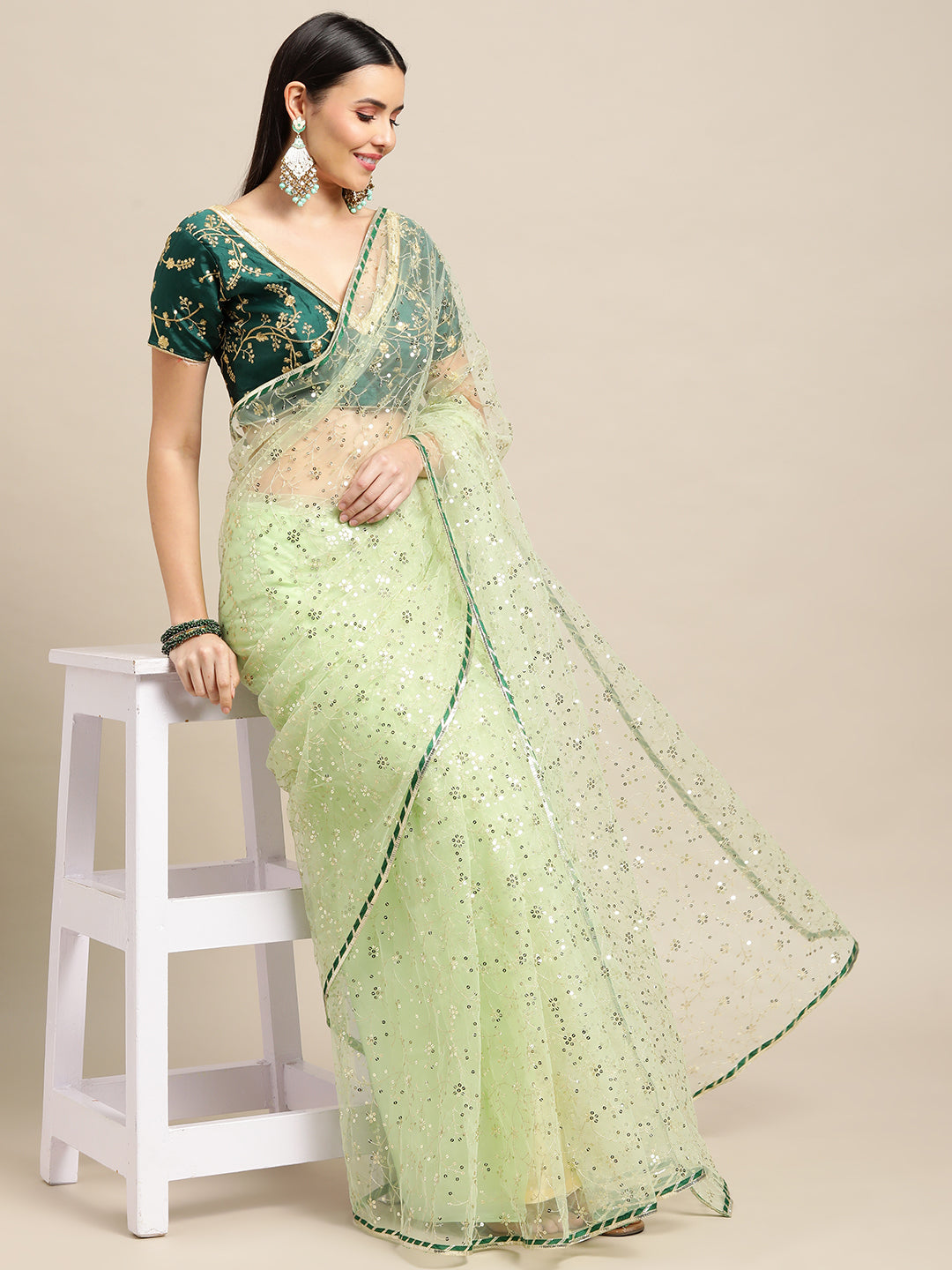 Jyoti Fashion Women's Green Net Embroidered Designer Saree with Blouse - Distacart